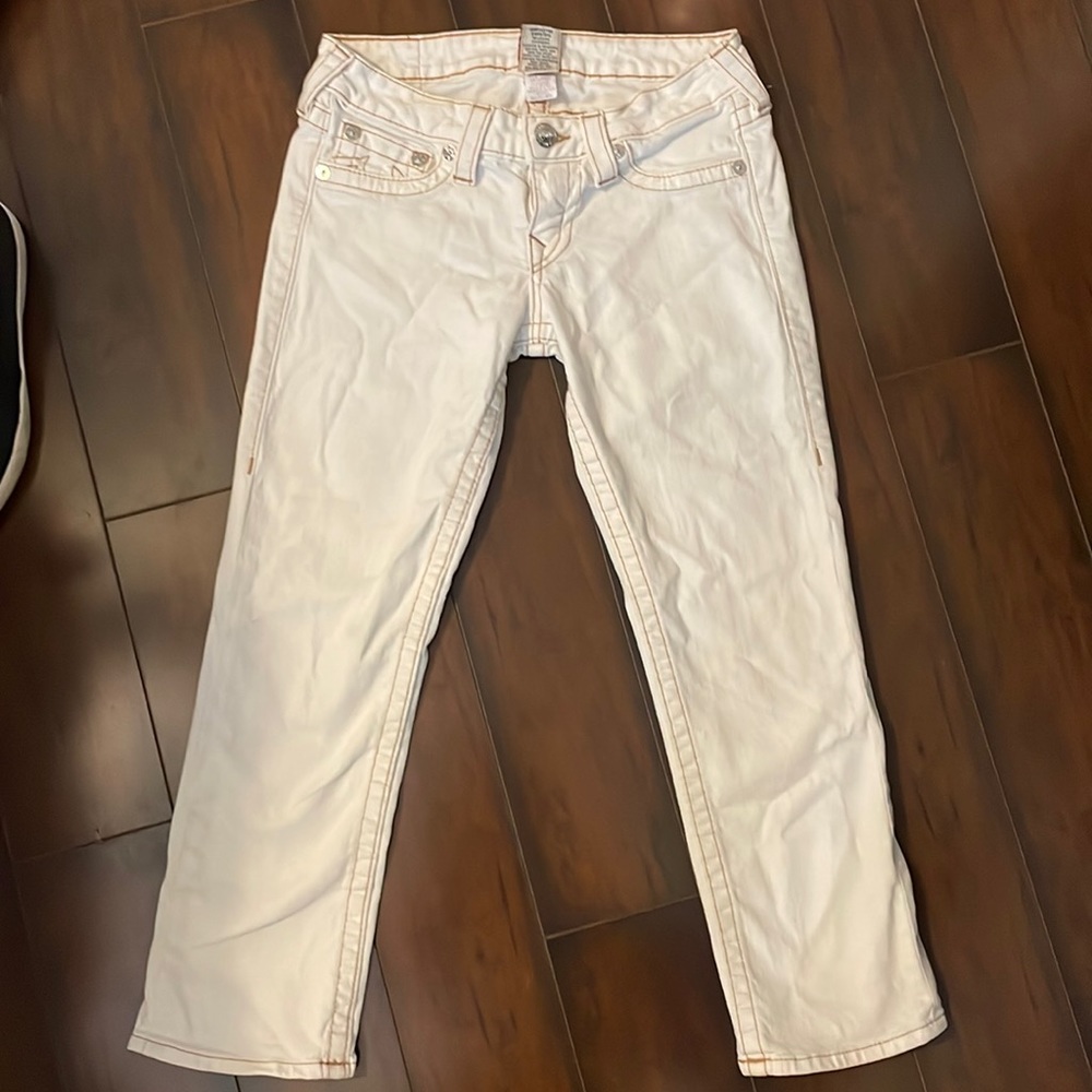 True Religion white denim capris, size 27.